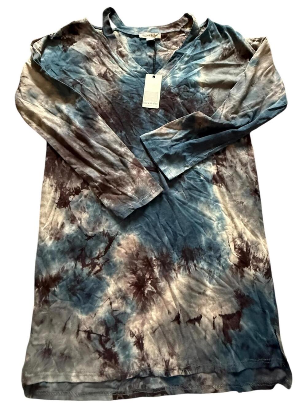 Loveriche Blue Brown Tie Dye Long Sleeve V-Neck Tunic Dress Boho Fall Style, Lrg